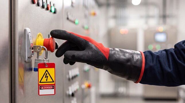Worker wearing safety gloves touching lockout tagout electrical switch with toward industrial electrical
