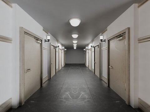 Illustration of a silent narrow corridor with doors, ceiling lights, gray carpet, and eerie liminal space mood.