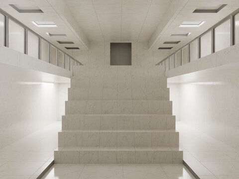 Illustration of a bright white staircase in an empty interior, creating a clean but uncanny liminal space feeling.