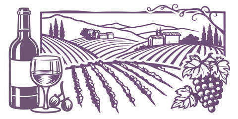 Obraz premium Wine Country Vineyard Landscape Purple Vector Illustration