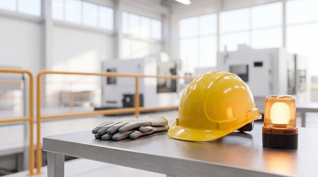Yellow hard hat safety helmet gloves and warning light on table with flashing light metal table factory