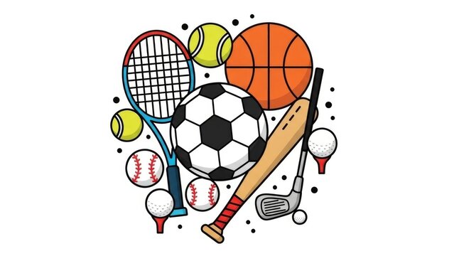 Sporting goods collage tennis, soccer, baseball, golf, and basketball