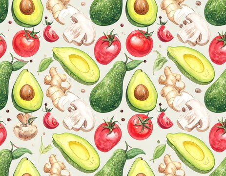 A seamless pattern of various fruits and vegetables on a cream background