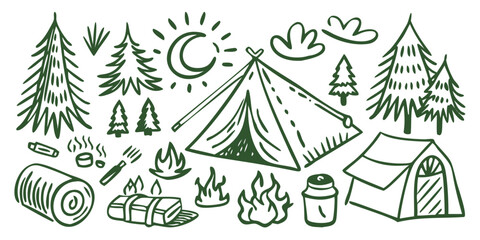 Outdoor adventure illustration with trees tent and campfire on black background © Tusar