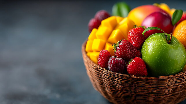 Fresh tropical fruit salad in woven basket with mango strawberry and strawberry tropical