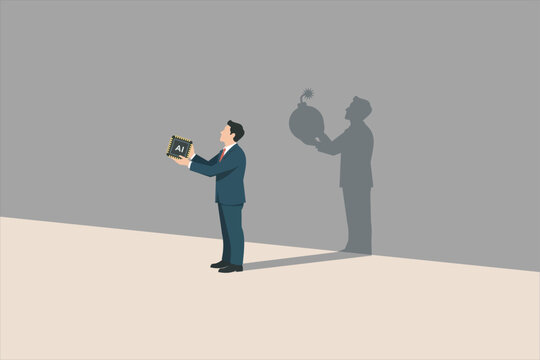 Businessman holding an AI chip while casting a shadow with a ticking bomb, symbolizing artificial intelligence risks, ethical concerns, security threats, and technology impact. Vector illustration.