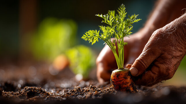 Close up of hands harvesting a fresh organic carrot from the garden soil with farm to table, planting
