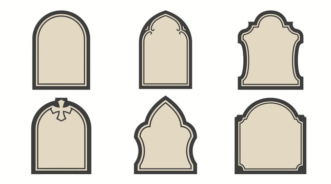 Set of six different vintage tombstone shapes isolated on a white background for design