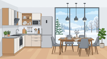 Fototapeta premium Modern kitchen and dining room interior with a view of a snowy winter landscape through the window.