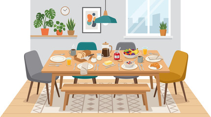 Obraz premium Cozy dining room interior with a wooden table set for a delicious breakfast.