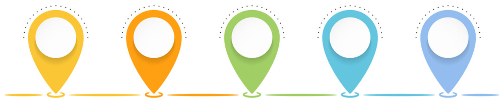 Horizontal process infographic template with five colorful map pointer markers