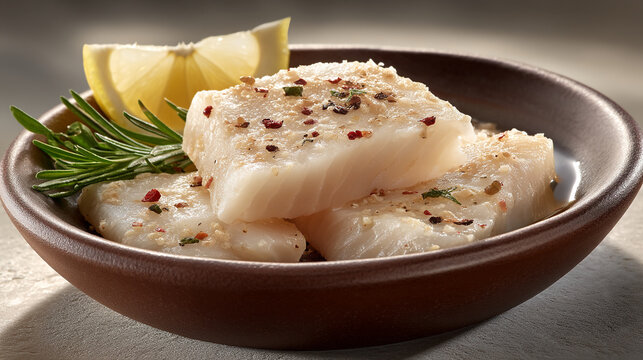 Fresh white fish fillet seasoned with spices and lemon slice in bowl rosemary seasoning nutrition