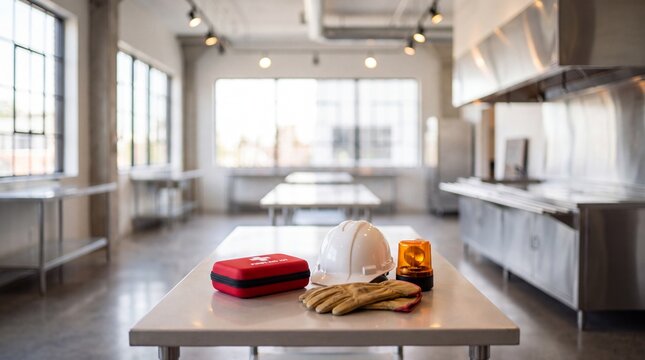 Safety helmet gloves and first aid kit on metal table in industrial kitchen with safety equipment