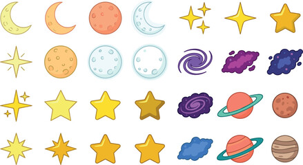Vector collection of cute cartoon space elements featuring yellow stars moons planets nebulae and galaxies isolated on a white background © MdShakib