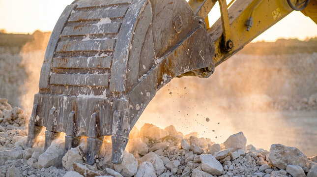 Close-up of excavator bucket digging and crushing limestone rock at dusty quarry site, mining concept