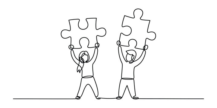 Man and woman holding puzzle pieces together as a team