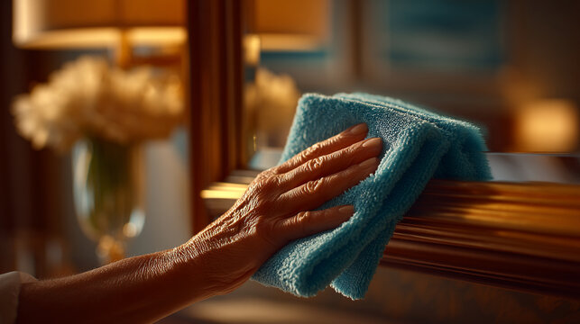 Person cleaning a mirror with a blue microfiber cloth indoors cleaning microfiber housework