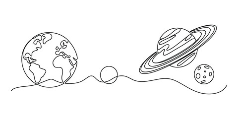 Continuous one line drawing of planets and earth in space © Das