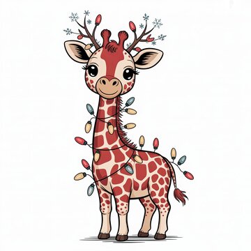 Cute chibi giraffe with Christmas lights. Adorable baby animal illustration for holidays.