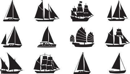 Collection of twelve distinct sailing ship silhouettes displayed as flat graphic vector design elements with silhouettes with silhouettes © Raheela
