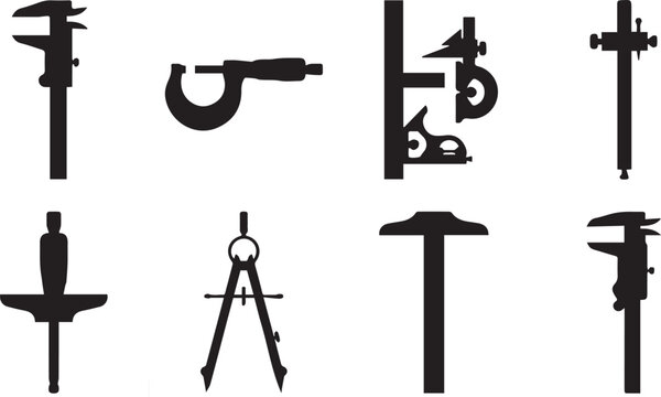 Set of black silhouettes of measuring tools, including calipers, micrometer, drafting compass, t-square, and precision engineering gauges