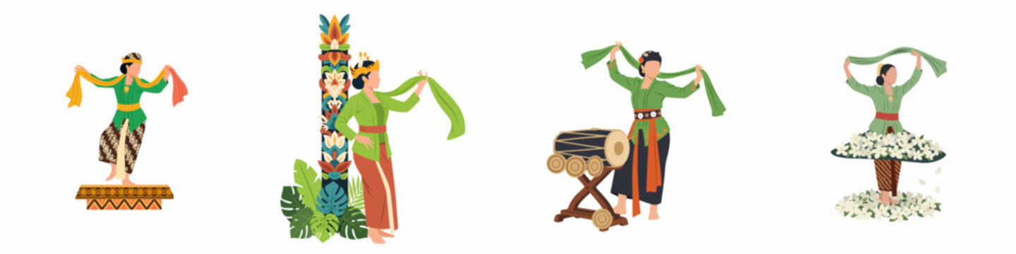 Traditional Indonesian Dancers Flat Vector Illustration Set Featuring Sundanese Culture with Kendang and Jasmine Flowers