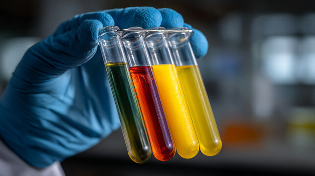 Scientist hand in blue glove holding multiple glass test tubes with colorful liquid samples, research