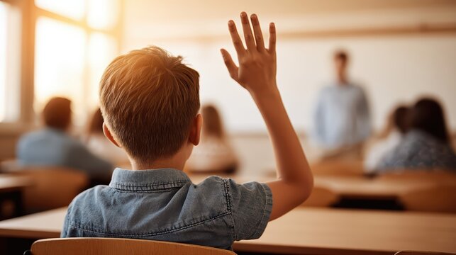 A young student raises his hand in a sunlit classroom, eager to participate in the lesson. Warm lighting and a vibrant atmosphere highlight active learning.