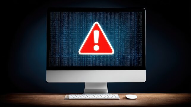 A locked computer screen displays a glowing red cyber warning and encrypted code. Dramatic lighting highlights a digital security breach scenario.