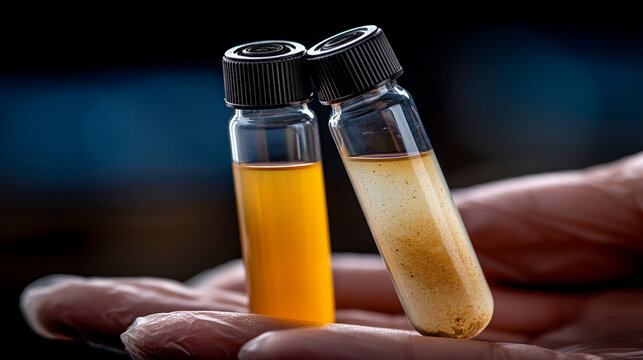 Two small laboratory sample vials held in hand containing yellow liquid and cloudy sediment