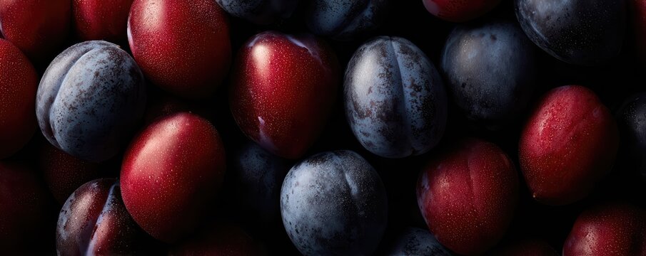 A dense organic pattern of plums ranges in color from deep violet to rich red hues. Soft natural lighting gives this ultra wide shot a minimal, clean aesthetic.