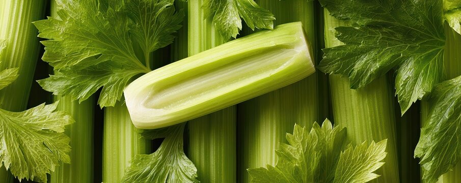 Ultra wide close-up of fresh celery stalks and leaves highlight crisp texture and vibrant green tones. Graphic vertical ribs and fibrous details create a dynamic food pattern.
