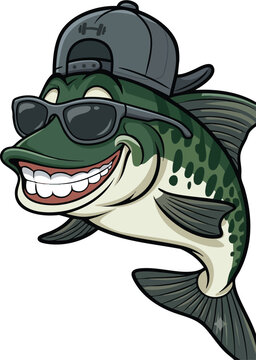 Cool Cartoon Bass Fish in Green backward cap and aviator sunglasses jumping dynamic mascot character vector illustration. 