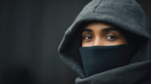 A determined young woman in a dark hijab stares intensely at the camera. Dramatic lighting and blurred crowd create a powerful, ultra-realistic editorial scene.