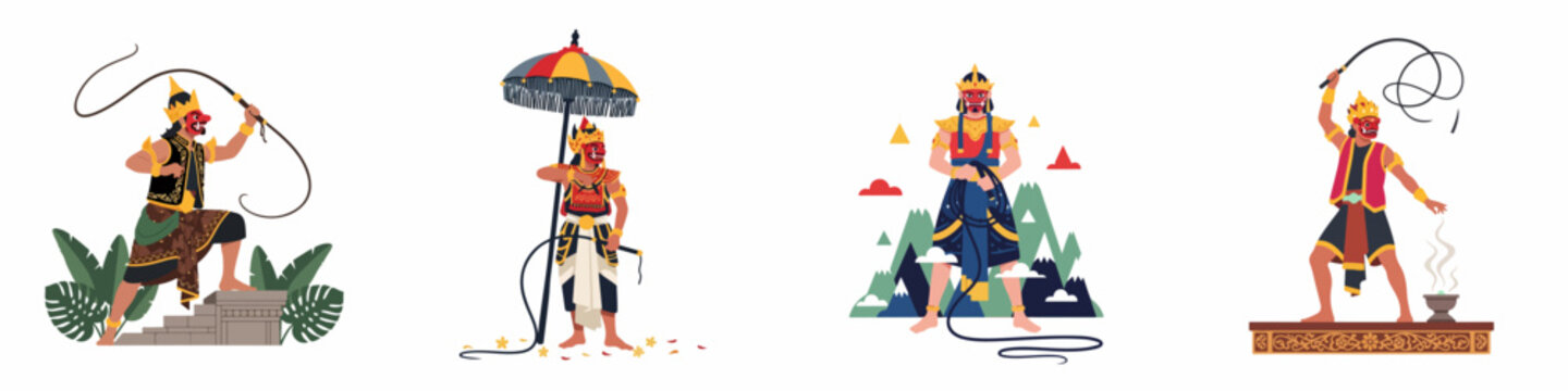 Set of four flat vector illustrations of traditional Indonesian dancers wearing red masks and holding whips, representing cultural heritage and folklore.