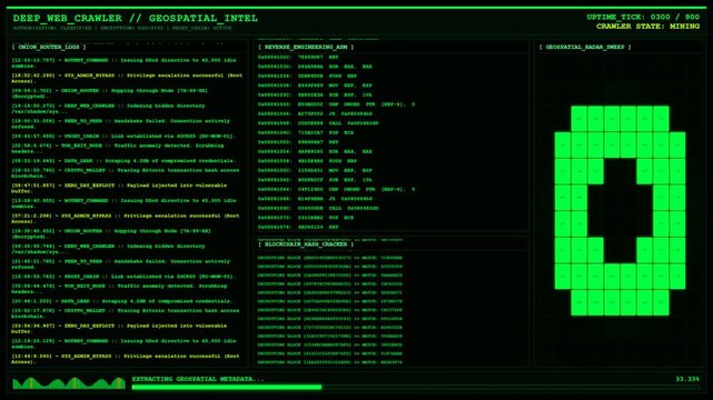 Deep Web Crawler Geospatial Intel Hacking Animation.