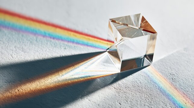 A glass prism cube on a textured surface splits a beam of light into a vibrant rainbow spectrum. The image visually illustrates optical dispersion and colorful light refraction.