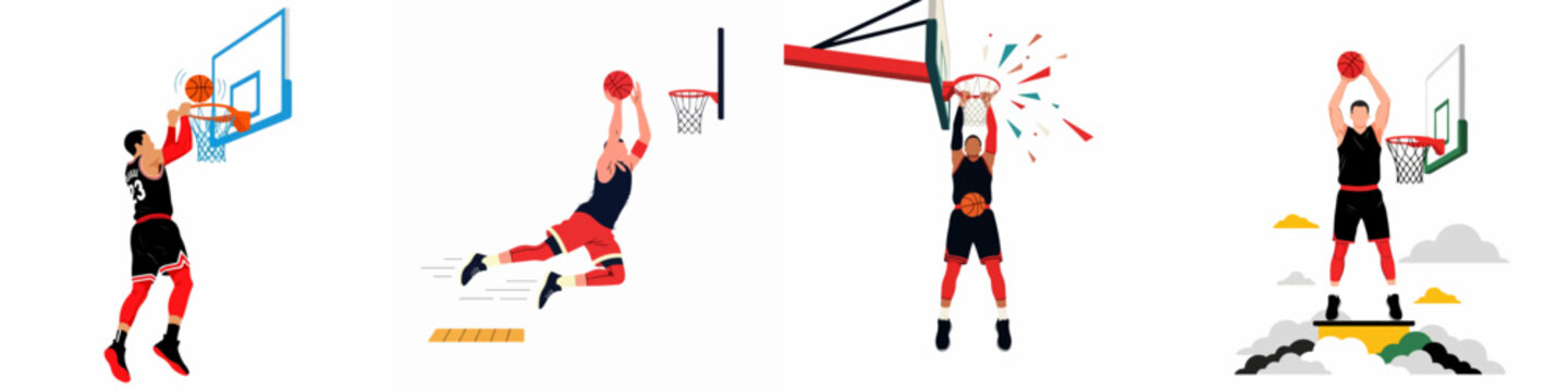 Vector illustration set of basketball players performing slam dunks and celebrating sports achievements isolated on a white background.