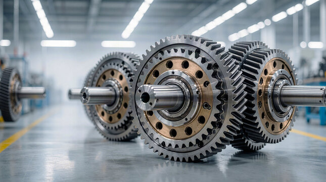Close-up of industrial metal gear wheels and shafts in a factory, mechanical engineering concept