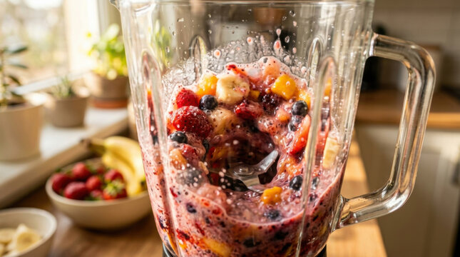 Close up of fresh berries and bananas mixing inside a glass blender representing healthy smoothie preparation, organic raw diet, and nutritious breakfast lifestyle.