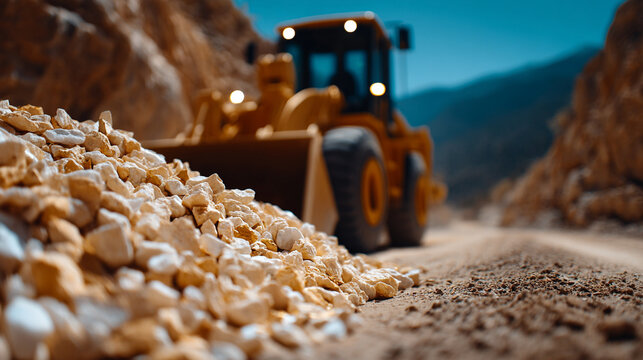 Yellow industrial front loader excavator moving gravel at a dusty construction site with excavator