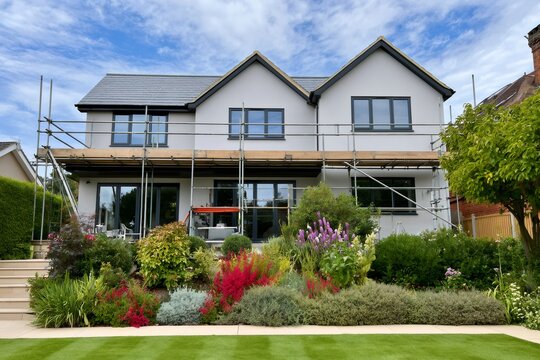 New modern house under construction with scaffolding and garden