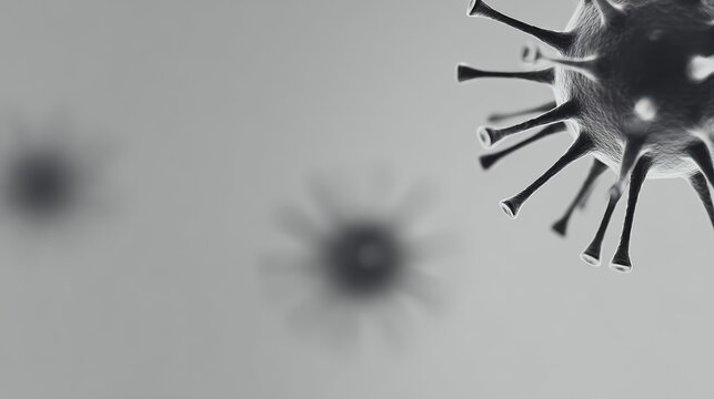 Highly detailed virus particle floats in soft focus air. Abstract 3D illustration highlights infection and microscopic structure in a scientific context.