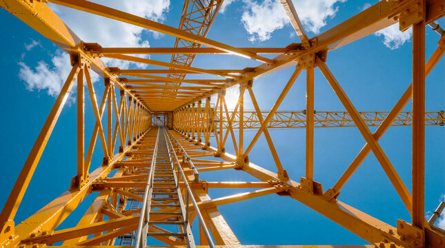 Low angle view of yellow tower crane steel structure against blue sky, construction industry concept