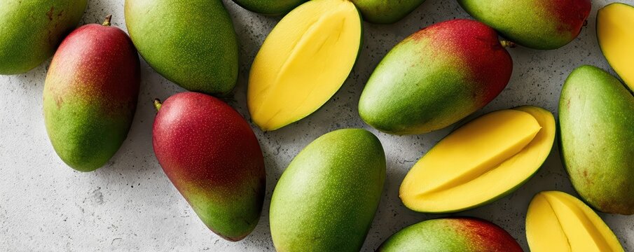 Panoramic flat lay of whole and cut mangoes with vibrant green-red skins and bright yellow interiors. Modern, minimal style highlights fresh, tropical fruit beauty.