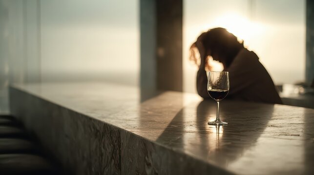 A solitary figure sits at a bar as sunset light floods the scene. A glass of red wine in focus foregrounds themes of loneliness and reflection.
