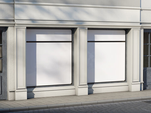 Empty storefront with blank white display windows mockup and concrete facade