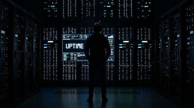 Silhouette of a man standing in front of digital server monitors with uptime data in a dark room.