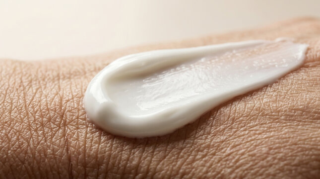 Macro shot of white moisturizing face cream applied on human skin representing anti aging skincare routine, dermatology treatment, and cosmetic body care.