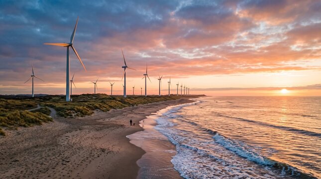 Aerial view of a wind farm along a coastal beach at sunset, highlighting renewable energy and sustainability.